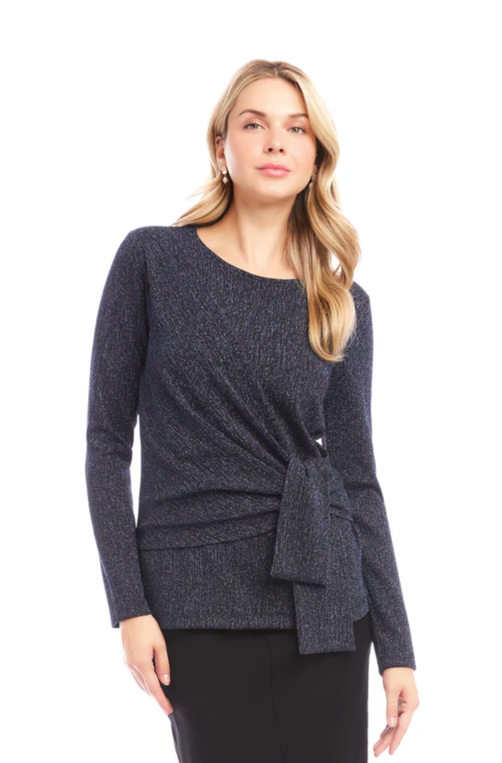 Navy Metallic Knit Side-Tie Top