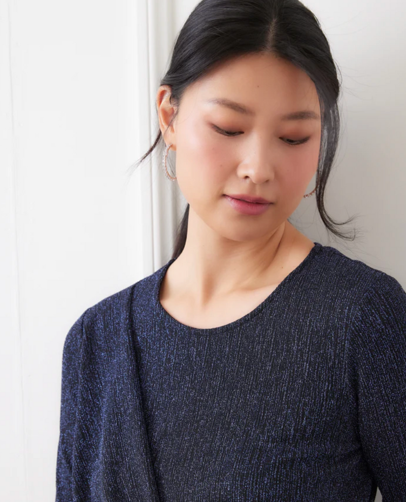 Navy Metallic Knit Side-Tie Top