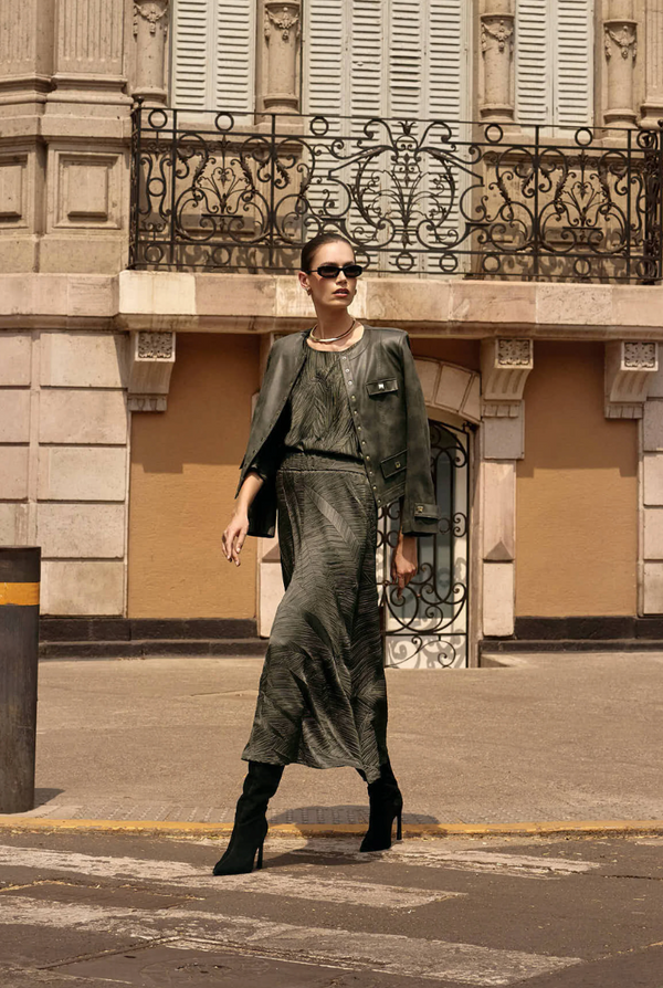 Avocado Pleated Satin Long Skirt