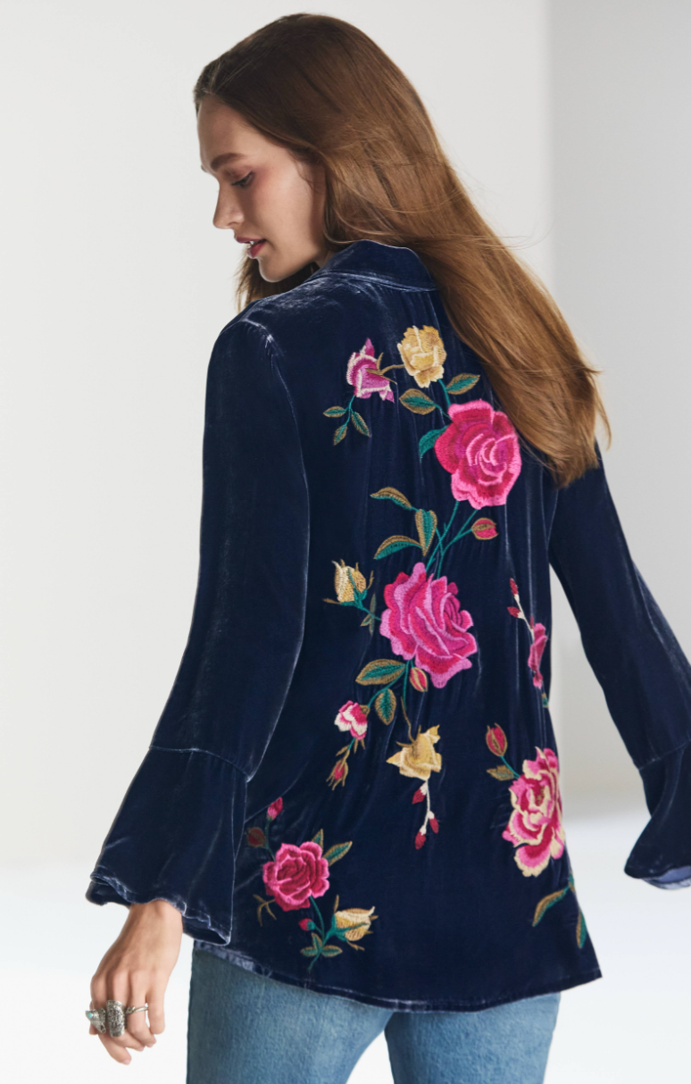 Sapphire Embroidered Velvet Blouse