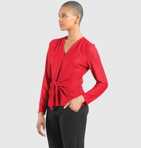 Red V-Neck Center Front Tie Top