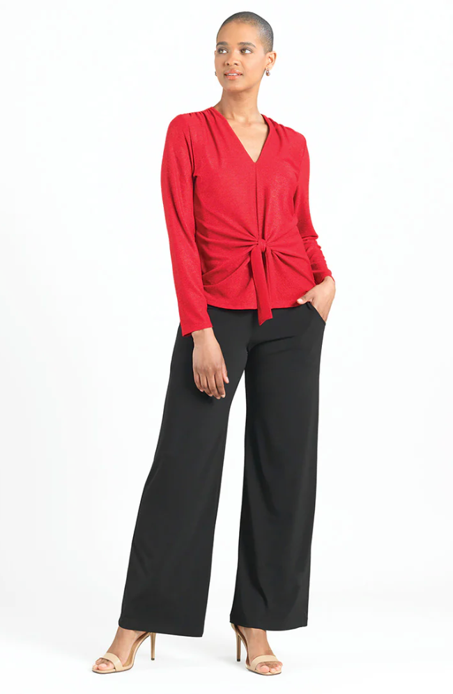 Red V-Neck Center Front Tie Top