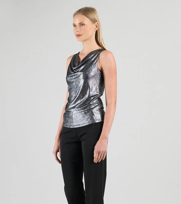 Metallic Shimmer Cowl Neck Draped Tank