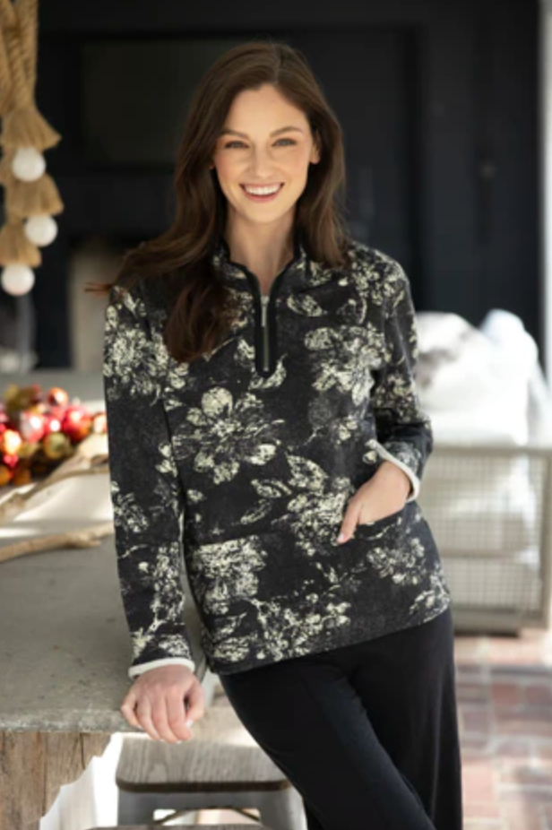 Black Floral Fleece Pullover