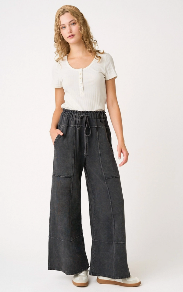 Black Seams Wide Leg Twill Pant