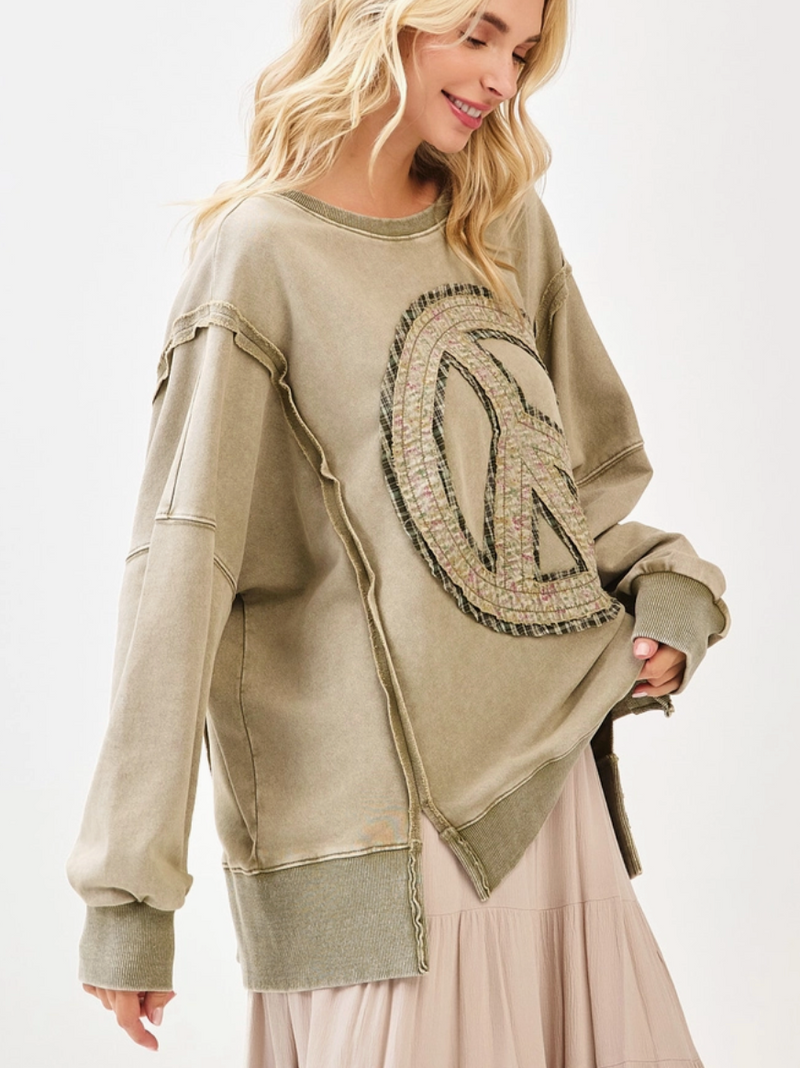 Olive Peace Sign Patch Top