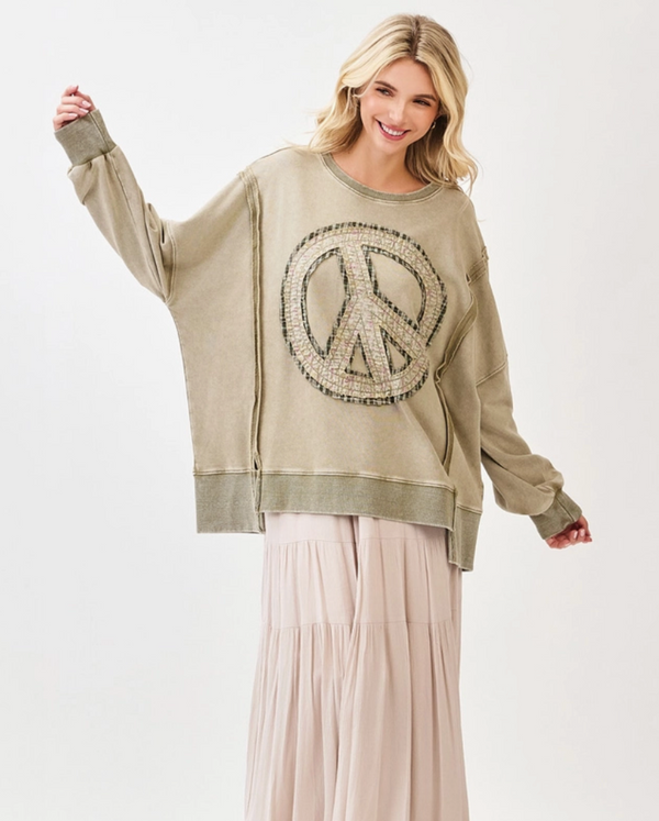 Olive Peace Sign Patch Top