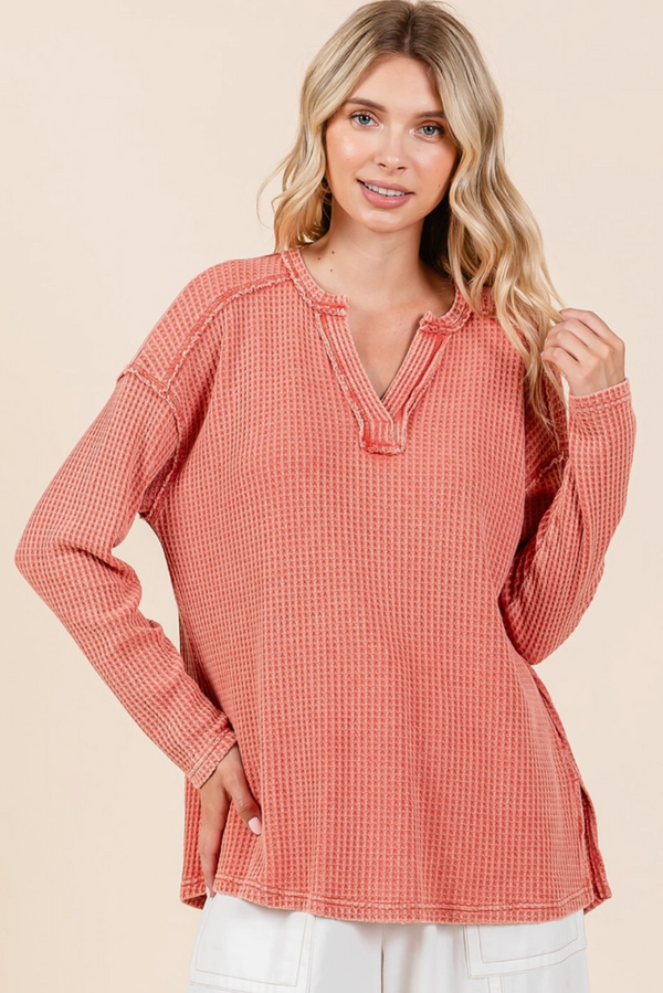 Rust Waffle Knit V-Neck Top