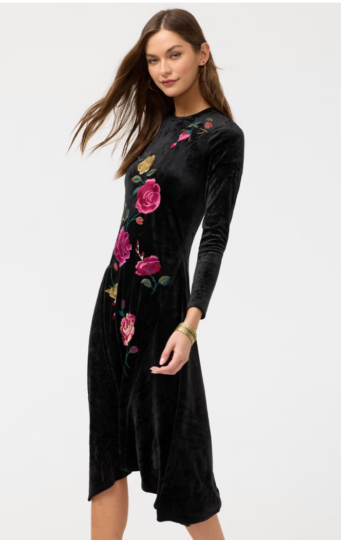 Black Embroidered Velvet Dress