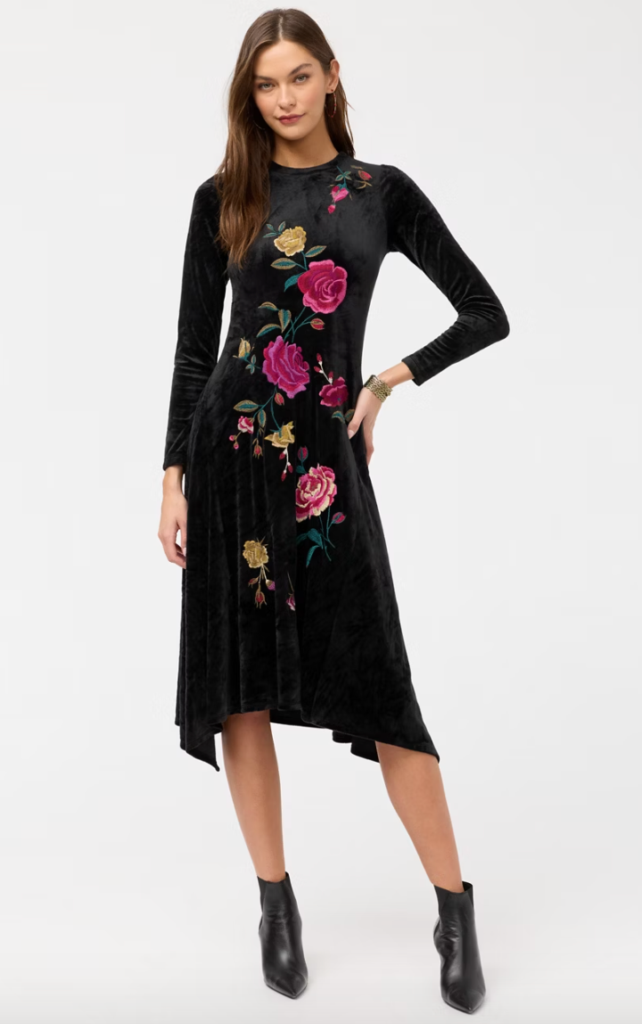 Black Embroidered Velvet Dress