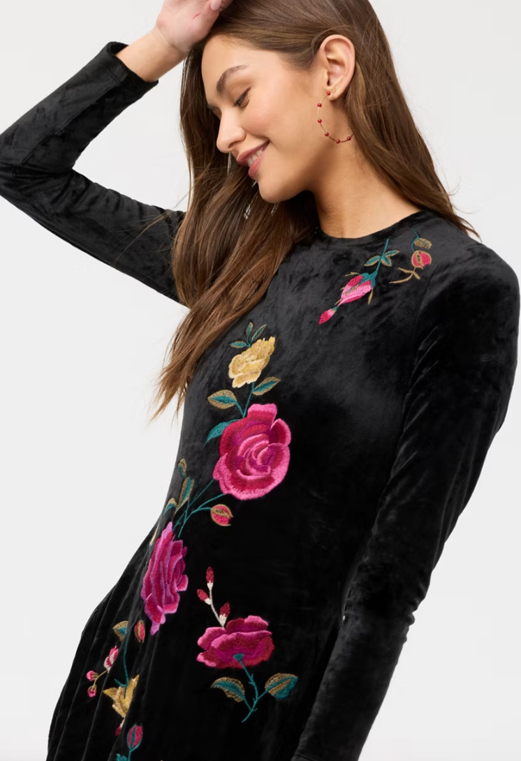 Black Embroidered Velvet Dress