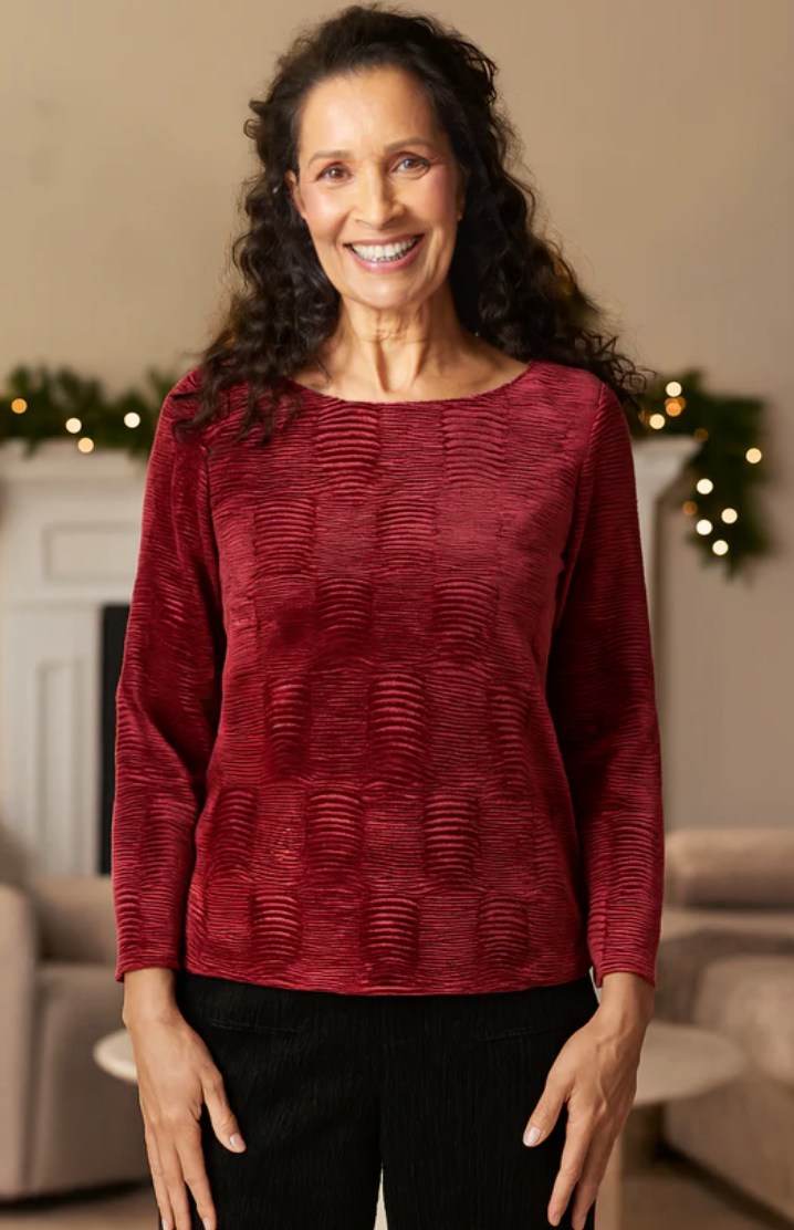 Wine Crinkle Velvet Boat Neck Top