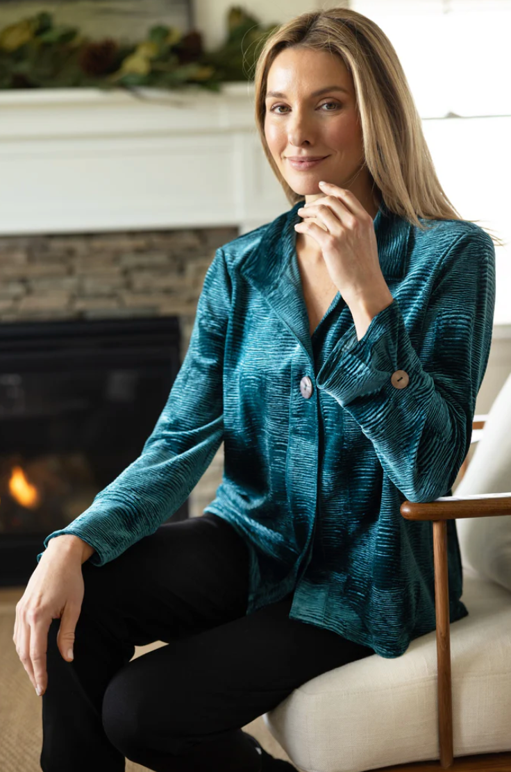 Juniper Crinkle Velvet Button Top