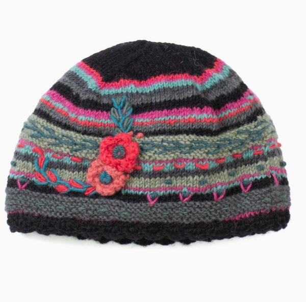 Black Floral Beanie