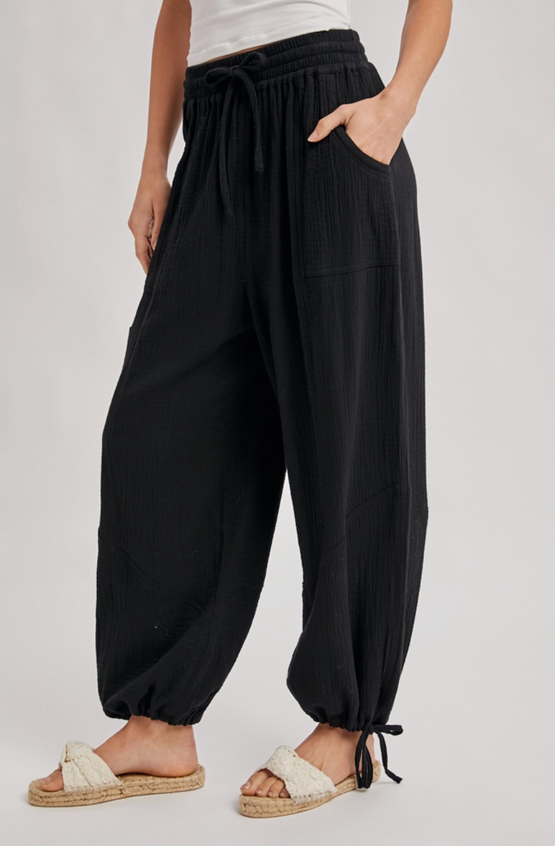 ROBEdePEAU HAREM PANTS リネン　BLACK Gauze Black Gauze Harem Drawstring Pant – Gondwana & Divine Clothing Co.