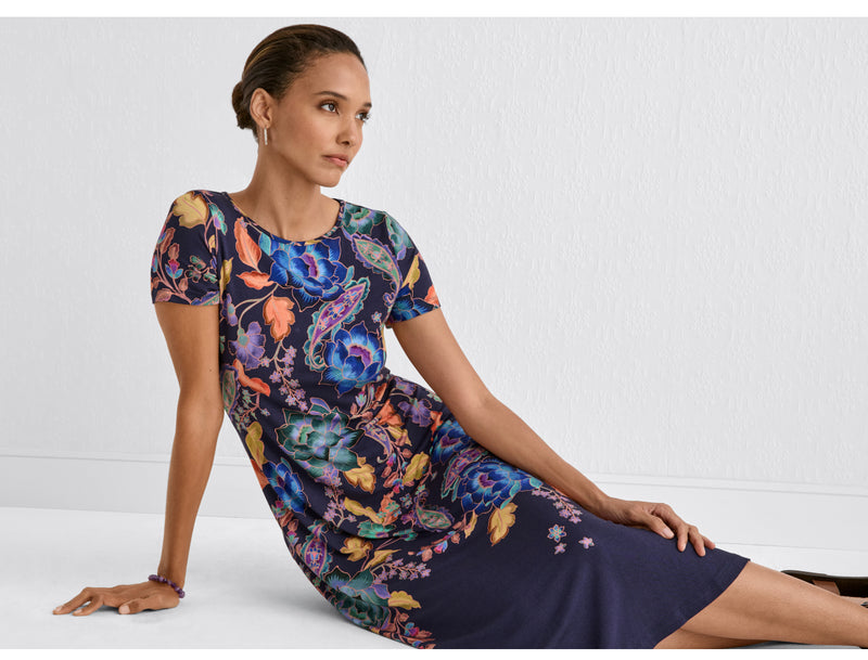 Floral Boat Neck Cap Sleeve Dress