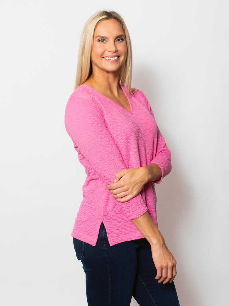 Pink V-Neck Seersucker Top