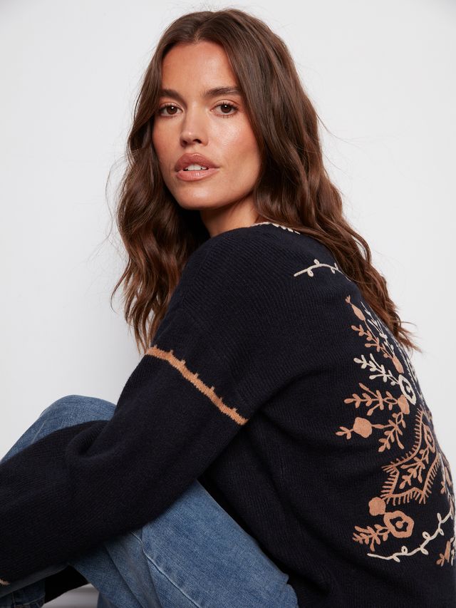Navy Embroidered Knit Sweater
