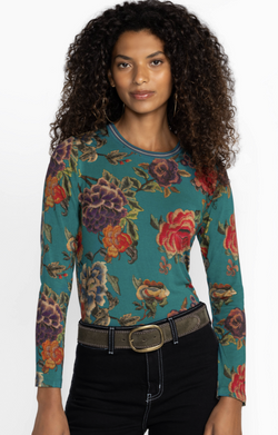 Floral Teal Crew Neck Top