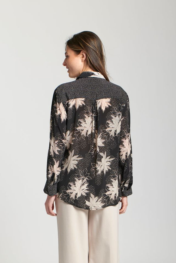 Black Neutral Floral Button Top