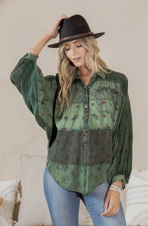 Green Mix Media Patchwork Top