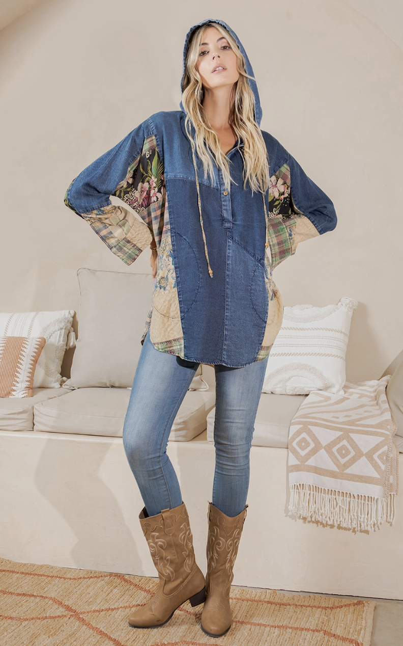 Hooded Denim High Low Patchwork Top