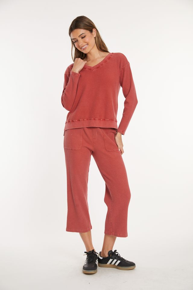 Spiced Cider Waffle V-Neck Top