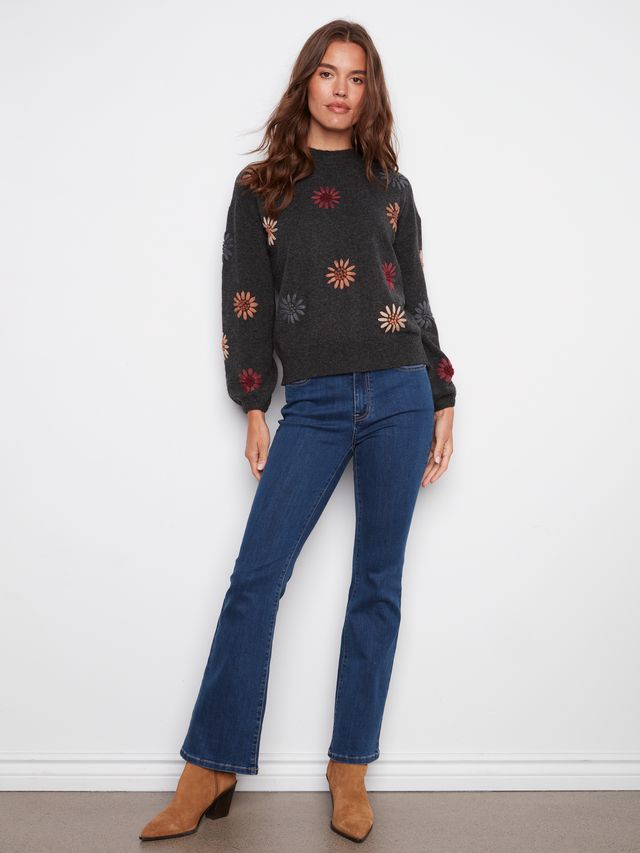 Flower Embroidered Grey Knit Sweater