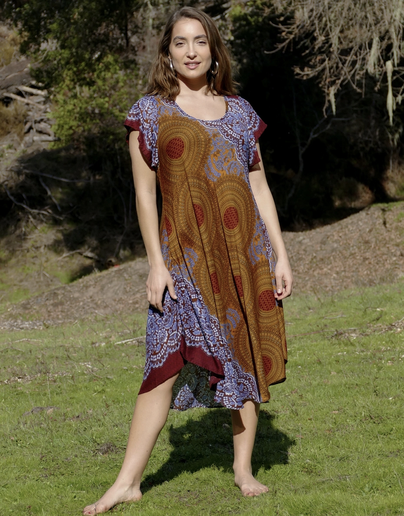 Brown Cap Sleeve Flower Dress