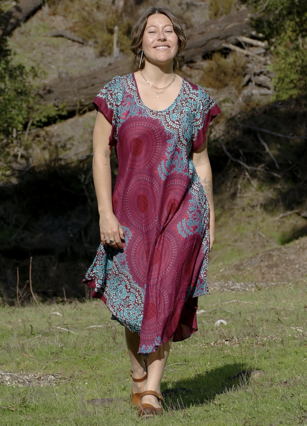 Red Cap Sleeve Flower Dress