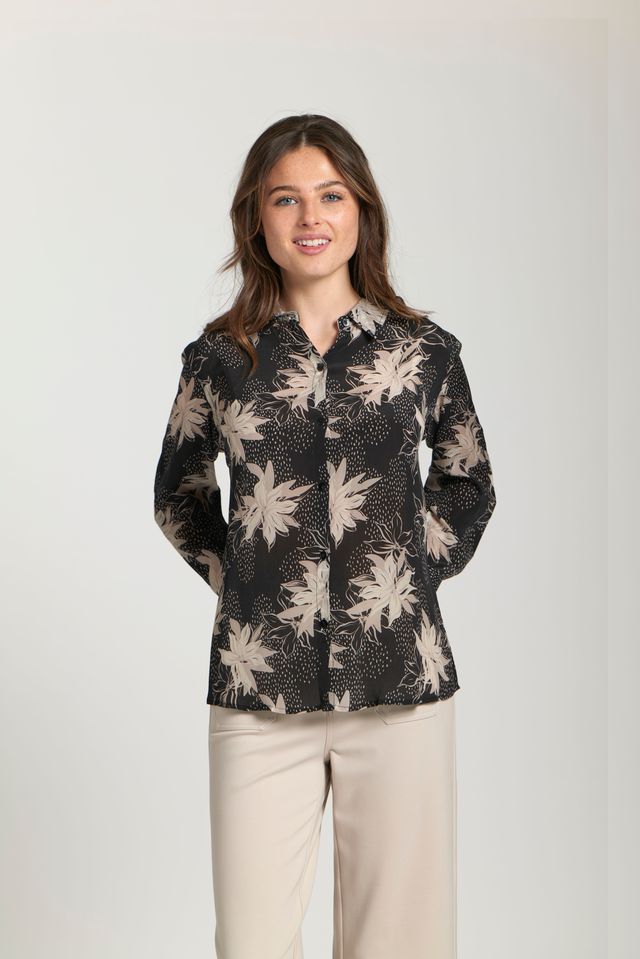 Black Neutral Floral Button Top