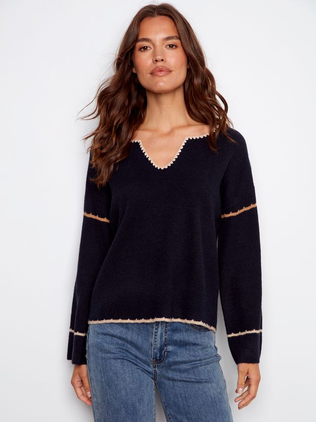 Navy Embroidered Knit Sweater