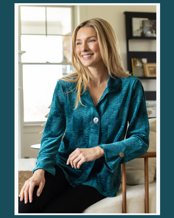 Juniper Crinkle Velvet Button Top