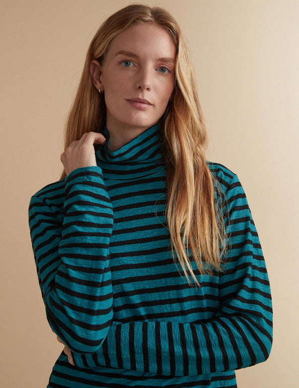 Marine Blue Stripe Turtle Neck Top