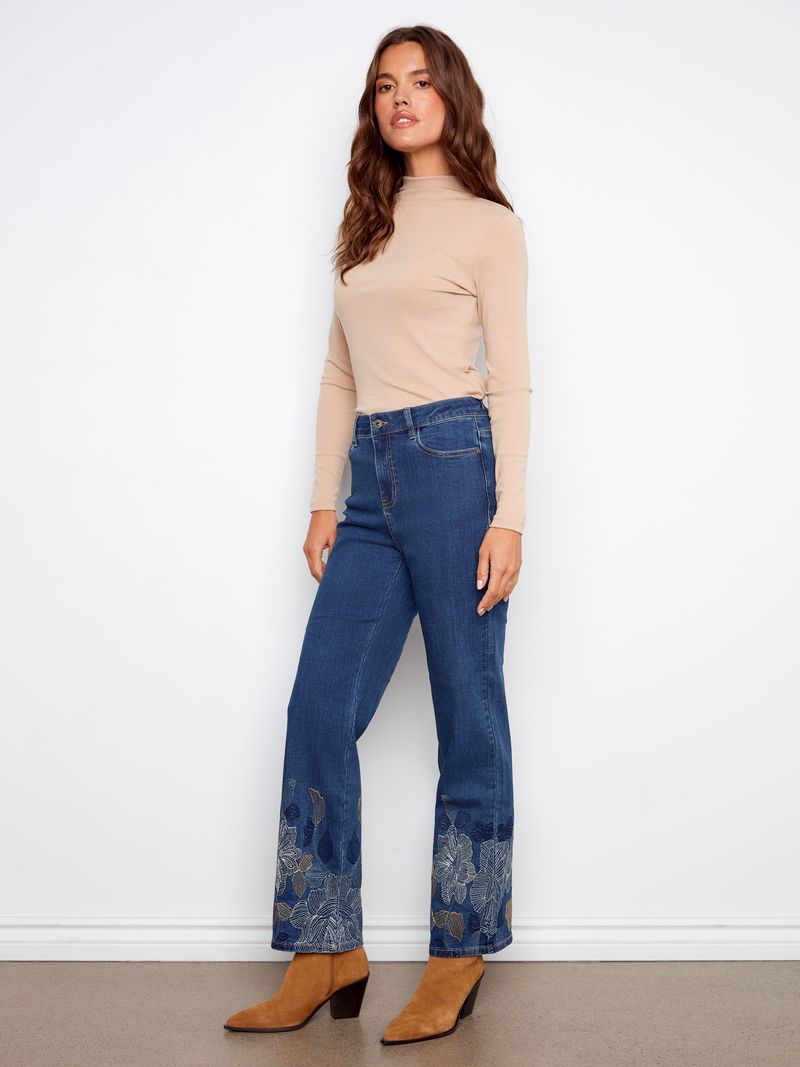 Indigo Embroidered Straight Leg Jean