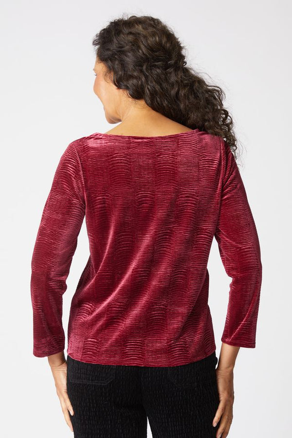 Wine Crinkle Velvet Boat Neck Top