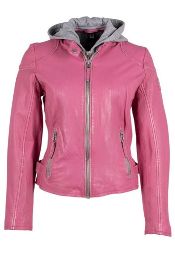 Pink Distressed Hood Leather Jacket