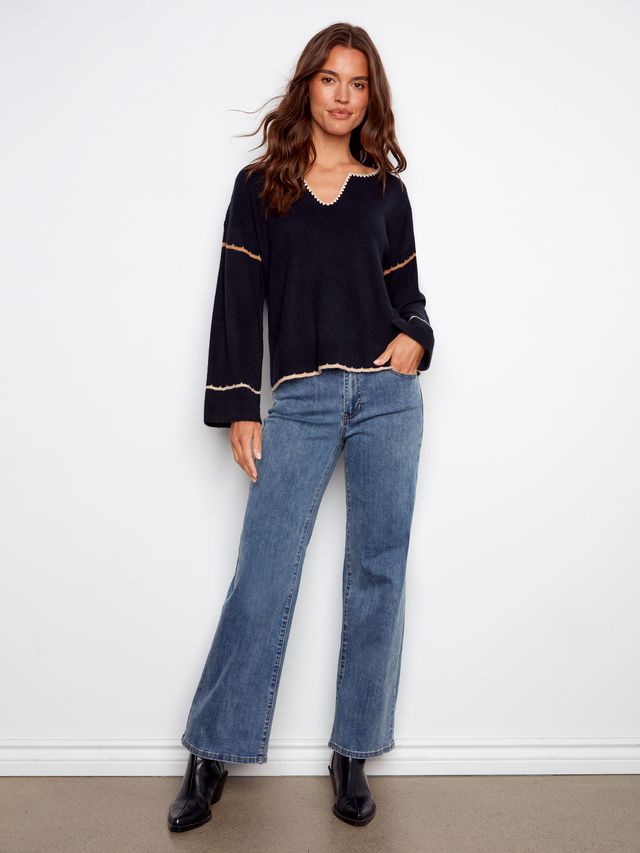 Navy Embroidered Knit Sweater