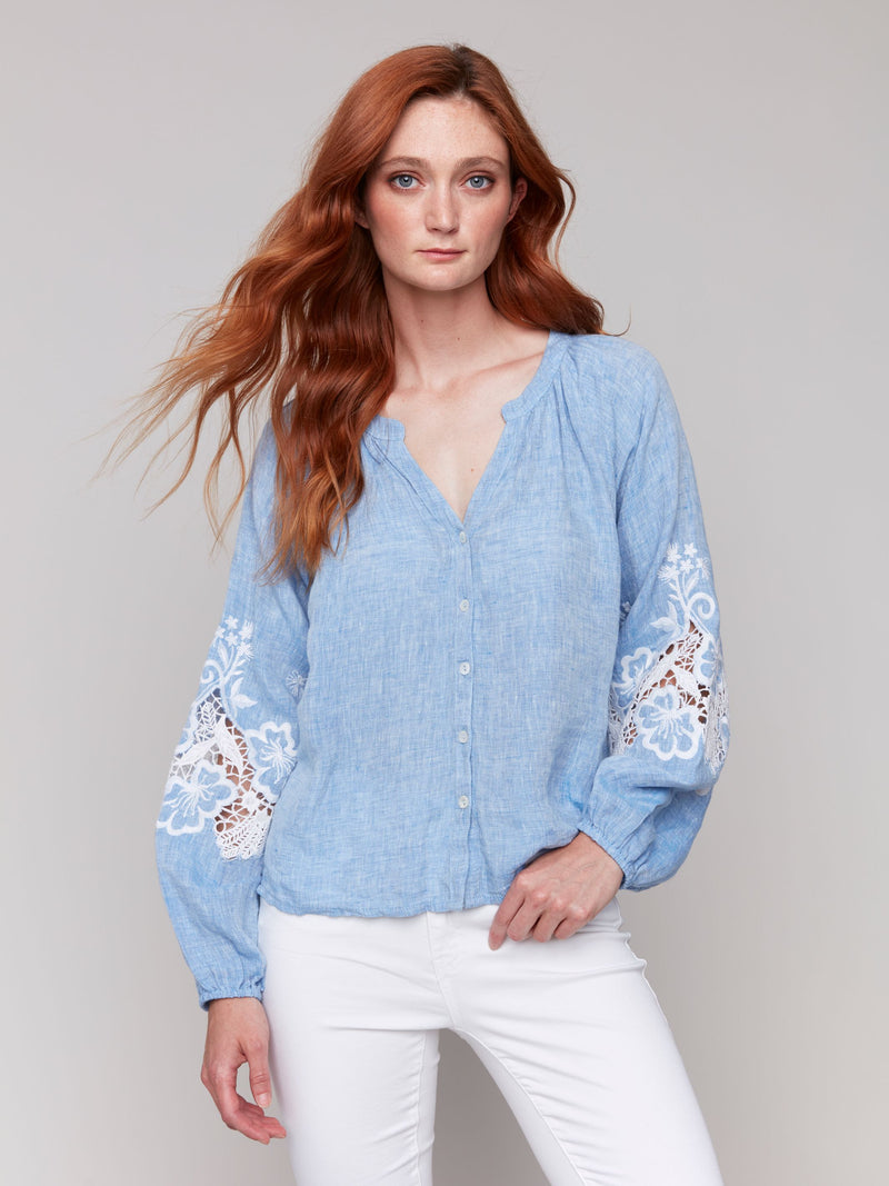 Denim Embroidered Button Top