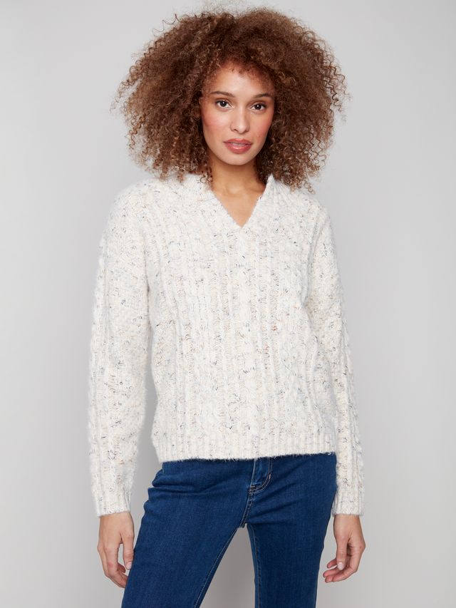 White Speckled Yarn Cable Knit Sweater