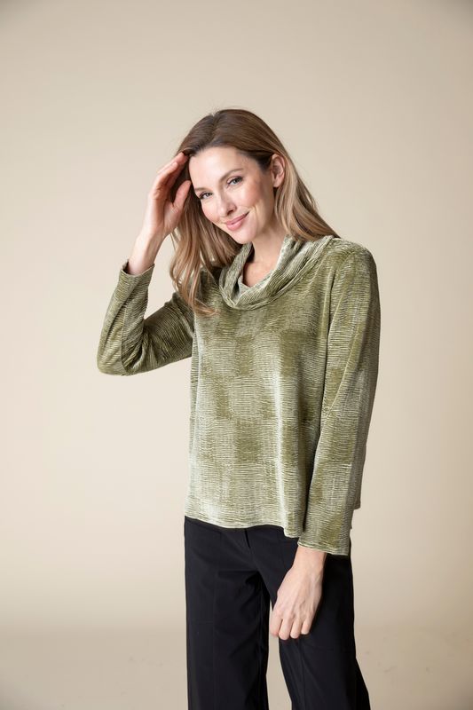 Olive Crinkle Velvet Cowl Top