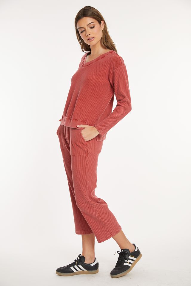 Spiced Cider Waffle V-Neck Top