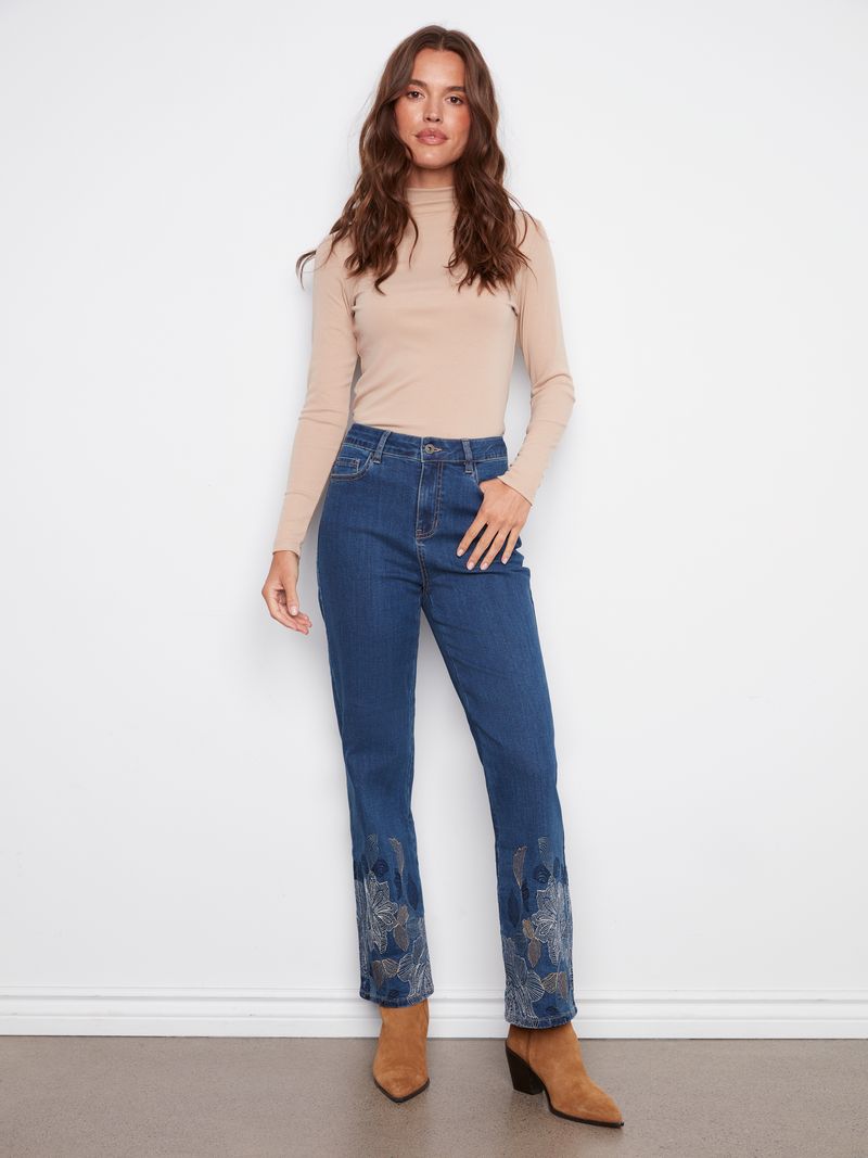Indigo Embroidered Straight Leg Jean