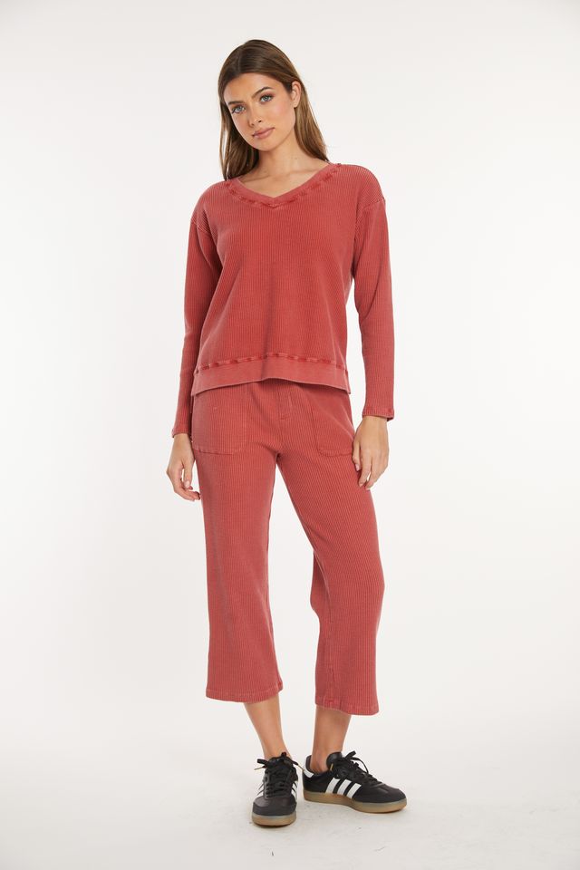 Spiced Cider Waffle V-Neck Top