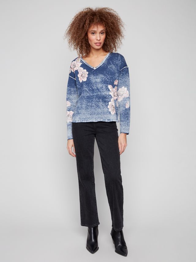 Reversible Denim Floral V-Neck Sweater