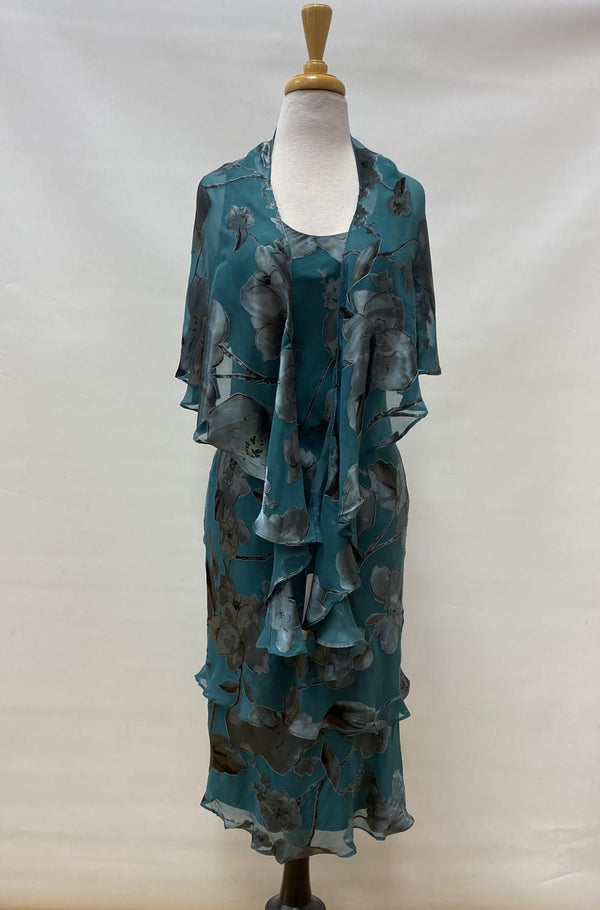 Sage Floral Silk Tea Length Dress Set