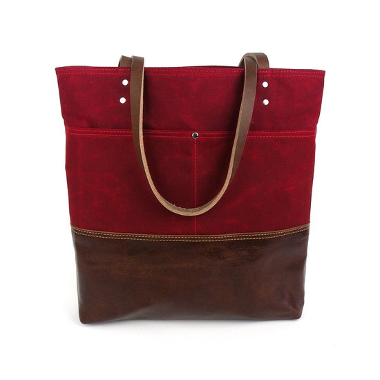 Red Leather Canvas Tote