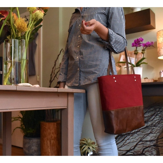 Red Leather Canvas Tote