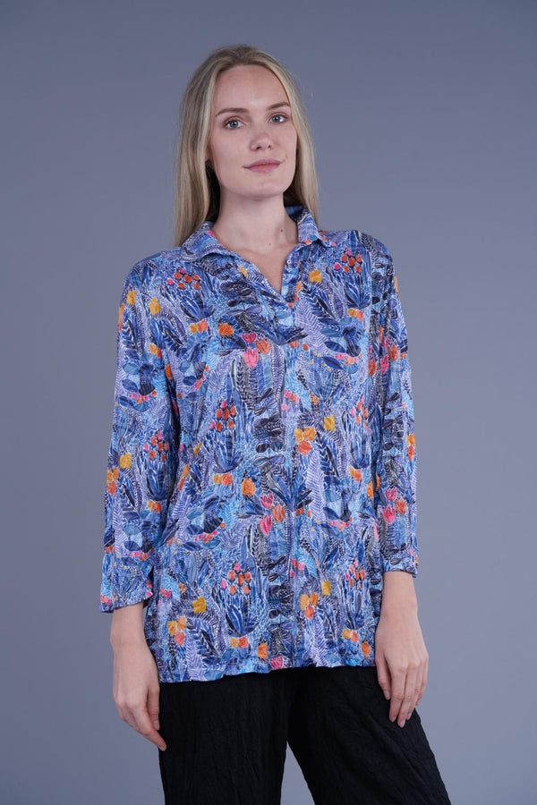 Blue Floral Crinkle Polo Tunic