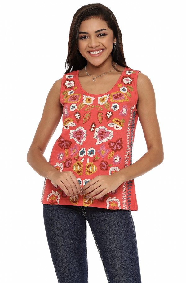 Embroidered Coral Tank